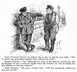 Comical Prints: Engraving of two English fishermen discussing the threat of German submarines during World War One