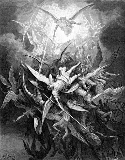 Battle Prints: Engraving of Gustave Dore illustration The Fall of the Rebel Angels