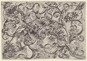 Engraving by Martin Schongauer presents a decorative rinceau design featuring parrots integrated into ornamental