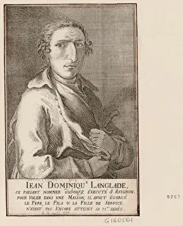 Engraving presents a bust portrait of J