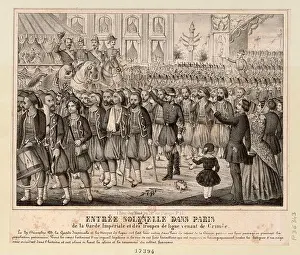 1850s Prints: Engraving presents the ceremonial entry into Paris of the Imperial Guard and troops returning from Crimea