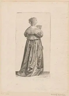 Headwear Prints: Engraving by Wenceslaus Hollar showing a 17th-century English woman in historical costume holding a fan