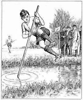 Racer Prints: Engraving of a young man pole vaulting over a stream during a cross country race while his friends cheer him
