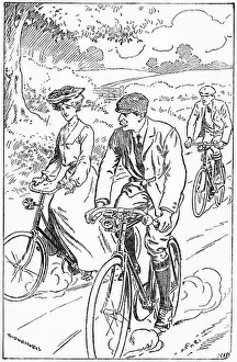 Centuries Prints: Engraving of a young people riding their bicycles in teh country, circa 1903