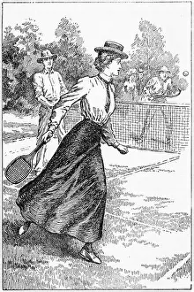 Centuries Prints: Engraving of a young woman playing lawn tennis, 1903