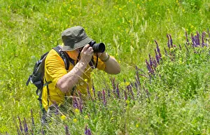 Dslr Prints: Enthusiastic mature photographer taking a photo of wild nature