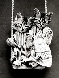 Entitled: Swinging shows two kittens wearing clothes on a swing. Harry Whittier Frees (1879 - 1953)