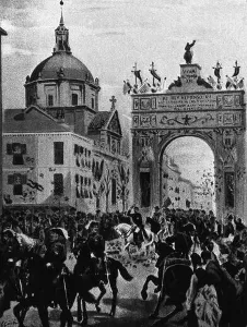 Historia De Espana Prints: ENTRADA DE ALFONSO XII EN MADRID EL 14 ENERO 1875 - GRABADO SIGLO XIX