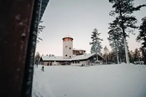 Boreal Prints: Entrance building in forest to wildlife park in winter in Ranua, Lapland