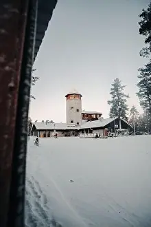 Boreal Prints: Entrance building in snowy forest to wildlife park in Ranua, Lapland