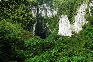 Stalactite Prints: entrance to the immense Deer Cave in Mulu National Park in Sarawak, Borneo, Malaysia