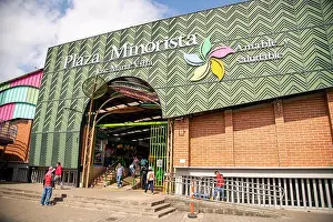 Latin American Prints: The entrance and front of Plaza Minorista in Medellin, Colombia