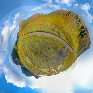 360 Degrees Prints: Epic aerial drone view flying over landscape of Fjallsarlon glacier and lagoon on a sunny day