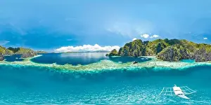 Island Hopping Prints: Epic aerial spherical panorama of blue lagoons and limestone cliffs of Coron