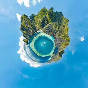 Epic little planet panorama of blue lagoons and limestone cliffs of Coron, Palawan, Philippines