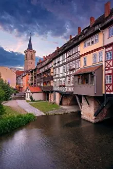 Erfurt, Germany. Cityscape image of downtown Erfurt, Germany with the Merchant's Bridge at summer sunrise
