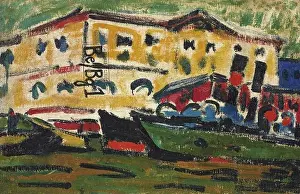 Ernst Ludwig Kirchner - Elbkähne vor gelben Häusern, Dresden (ca.1909)