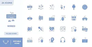 Communication Network Prints: Essential pack of 24 PIXEL perfect vector icons for Wired in Filled format