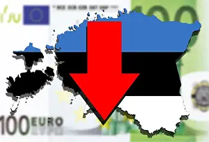 Estonia map on euro money background, red arrow down