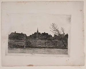 Lines Prints: Etching by Carl Locher (1851–1915) portraying Hornbæk Church on a summer evening