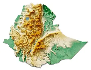 Topographic Map Prints: Ethiopia. Detailed 3D rendering of a shaded relief map with rivers and lakes
