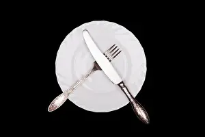 Silverware Prints: Etiquette sign. Plate, fork, knife top view isolated on black