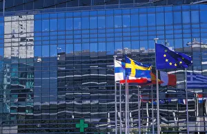National Symbol Prints: EU European flags reflected in a modern skyscraper building at La Defense Paris France EU Europe