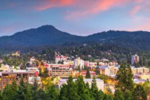 Butte Prints: Eugene, Oregon, USA downtown cityscape and mountains at dusk