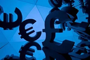 Barter Prints: Euro and Pound Currency Symbol With Many Mirroring Images of Itself on Blue Background