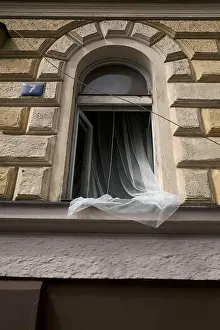 Veil Prints: Europe, Czech Republic, Prague, house facade, detail, open window, curtain