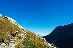 Haute Savoie Prints: Europe, France, Haute Savoie, Rhone Alps, Chamonix Valley, hikers above Montenvers