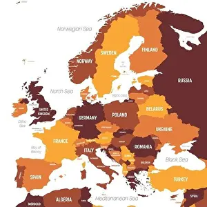 Europe Map Prints: Europe map - brown orange hue colored on dark background