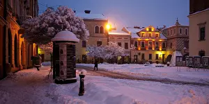 Nocturne Prints: Europe, Poland, Malopolska province, Tarnow city, square in winter at night