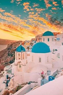 Images Dated 24th July 2021: Europe summer destination. Traveling concept, sunset scenic famous landscape of Santorini island