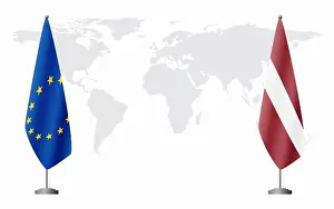 Riga Prints: European Union and Latvia flags for official meeting against background of world map