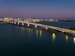 Parkway Prints: Evening aerial image of the Sarasota, Florida Skyline and Bridge Across Sarasota Bay