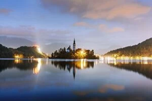 Images Dated 26th October 2018: Evening autumn view of Bled lake in Julian Alps, Slovenia. Pilgrimage church of the Assumption of