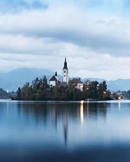 Images Dated 26th October 2018: Evening autumn view of Bled lake in Julian Alps, Slovenia. Pilgrimage church of the Assumption of