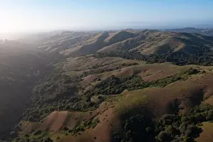 Evening sunlight shine on the serene, rolling hills of the East Bay, just east of San Francisco Bay, California. This area abuts Oakland and Berkeley