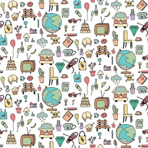 Things Prints: Everyday things, handdrawn, colorful, seamless pattern, vector illustration