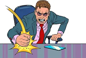 Punch Prints: The evil businessman boss hits the table with his fist. Emotions in the office. Angry boss