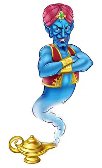 Wizard Prints: An evil looking genie cartoon character like in the story of Aladdin coming out of a magic lamp