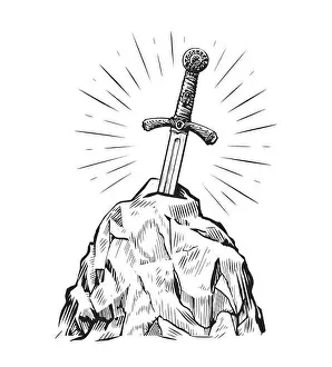 Excalibur sword in the stone. Hand drawn sketch in vintage engraving style. Vector illustration
