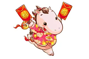 Young Animal Prints: Excited horse with red envelopes on New Year's Day