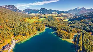 Hintersee Prints: Exciting autumn view from flying drone of Hintersee lake
