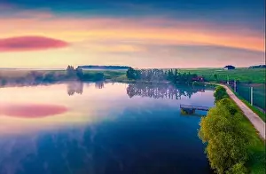 Exciting view from flying drone of Romanivka lake