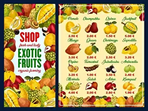 Quince Prints: Exotic fruit shop menu with tropical berries vector frame
