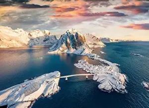 Landmark Mountain Prints: Exotic morning view from flying drone of Hamnoy port with Festhaeltinden mount on background