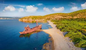 Exotic morning view of Valtaki beach with Dimitrios Shipwreck
