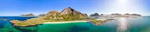 Nordland Prints: Expansive drone panorama of Jusnesvika Bay and Rambergstranda beach on Flakstadoya island